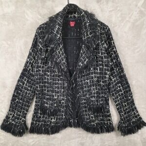 Monsoon Cardigan Jacket Black White Fringe Knit Wool Blend Sz 10 Dark Academia